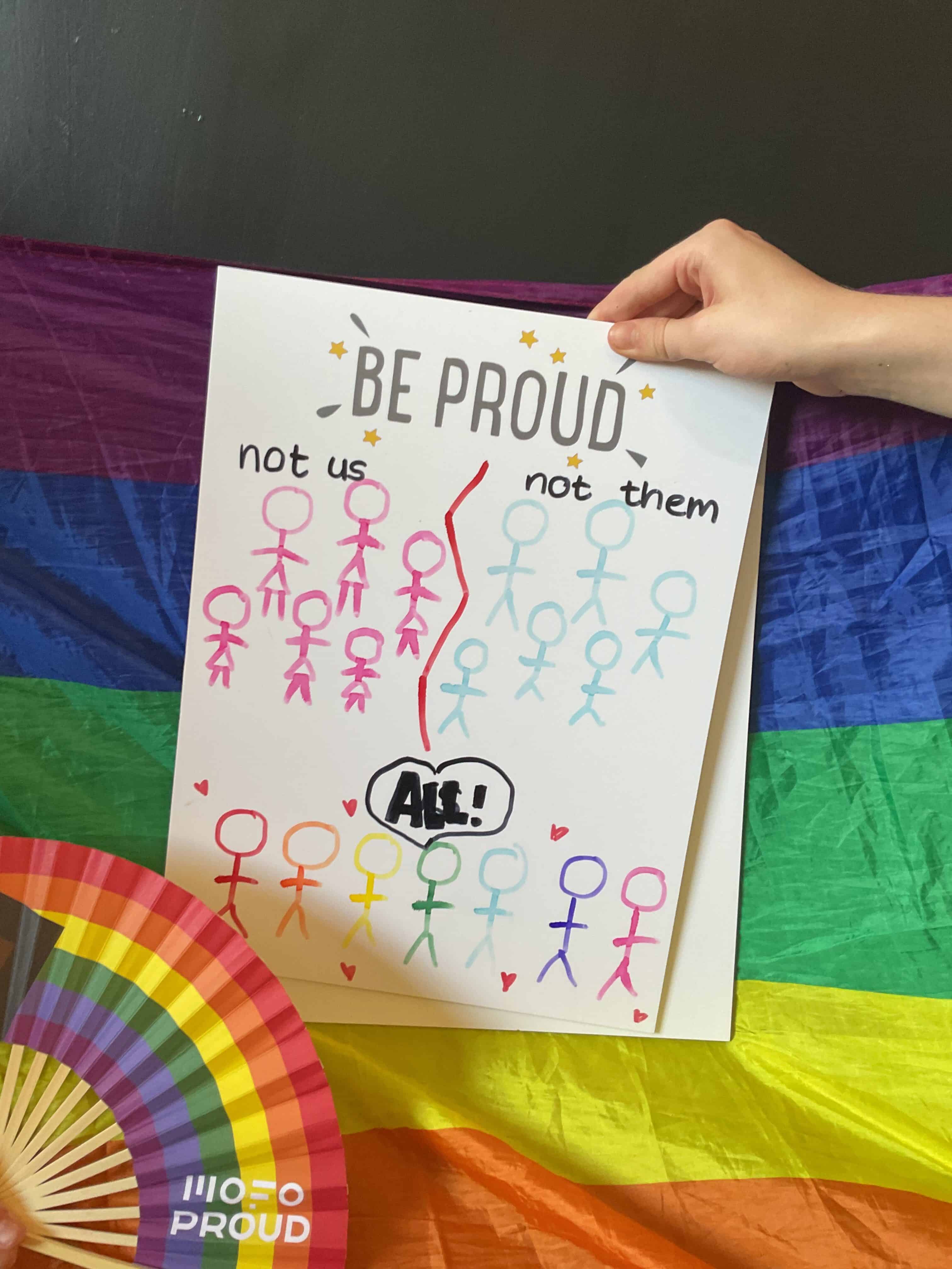 A poster made by a Priestnall School student for Pride, it says Be Proud, not us, not them, all!