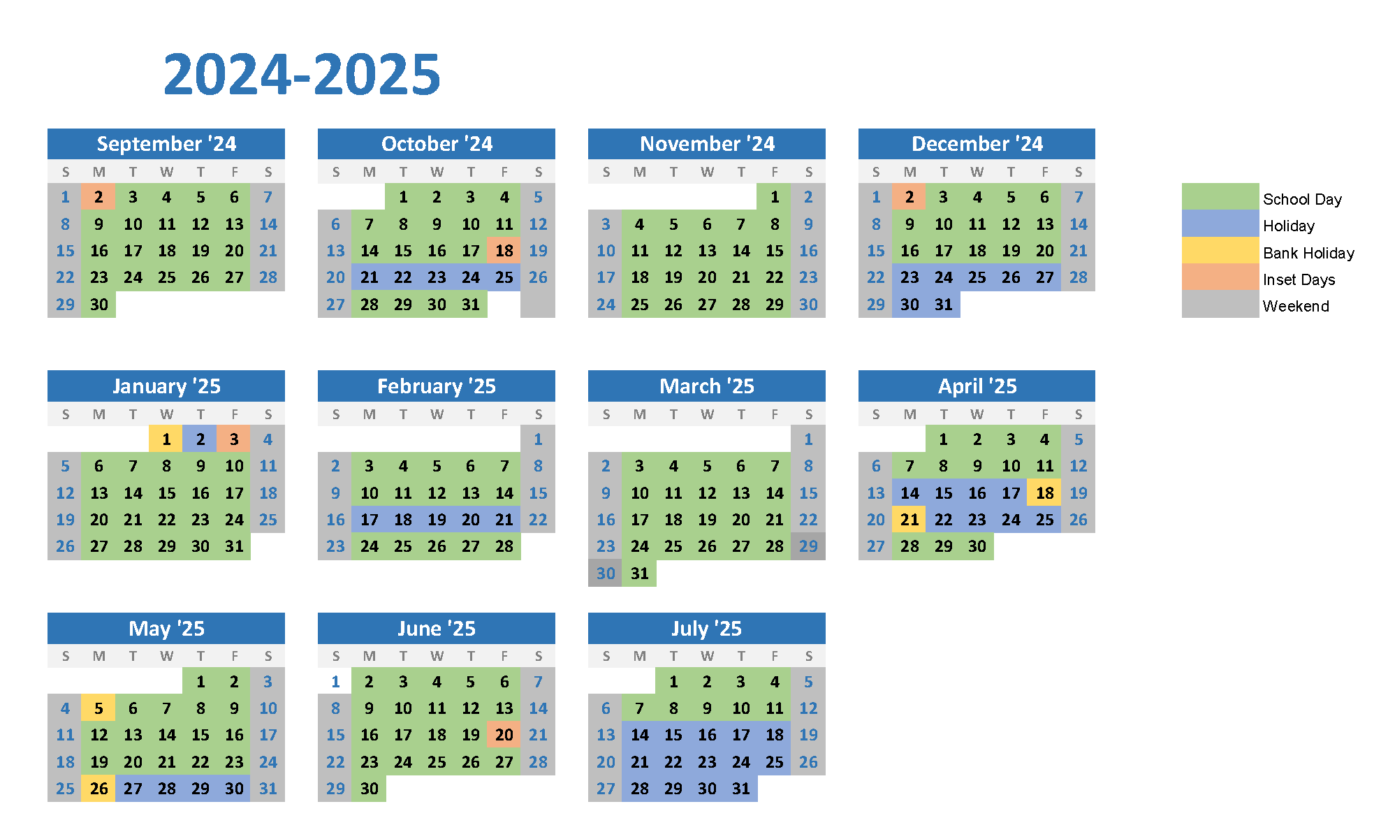 Calendar image of the 2024 to 2025 academic year term dates for Priestnall School