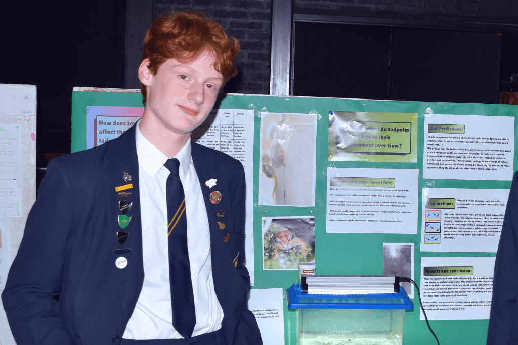 A student from Priestnall School presents his research project at the Science Fair 2024.